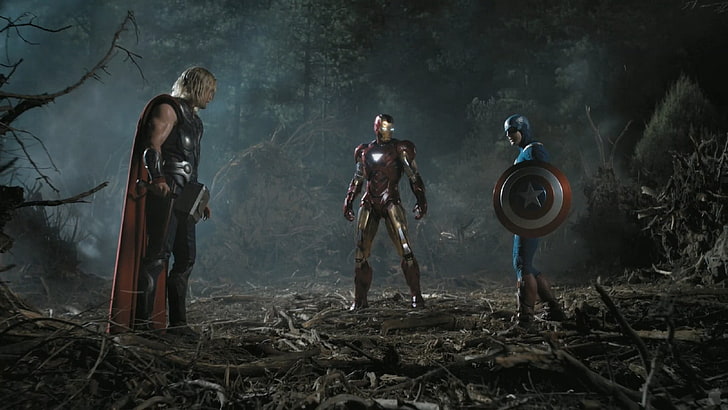Iron Man, Thor et Captain America, films, The Avengers, Thor, Iron Man, Captain America, Chris Hemsworth, Chris Evans, Marvel Cinematic Universe, Fond d'écran HD