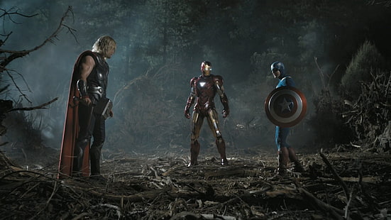 Iron Man, Thor et Captain America, films, The Avengers, Thor, Iron Man, Captain America, Chris Hemsworth, Chris Evans, Marvel Cinematic Universe, Fond d'écran HD HD wallpaper