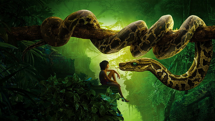 Афиша Тарзана, Книга джунглей, Змея Каа, Маугли, Лучшие фильмы 2016 года, HD обои