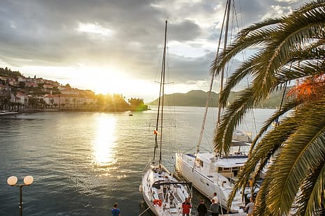 mare, tramonto, Palma, yacht, Croazia, Korcula, mare Adriatico, mare Adriatico, Sfondo HD HD wallpaper