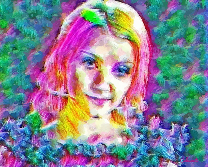 Luna Lovegood, colorful, art, harry potter, yellow, cehenot, abstract, girl, green, actress, painting, portrait, pictura, pink, blue, HD wallpaper