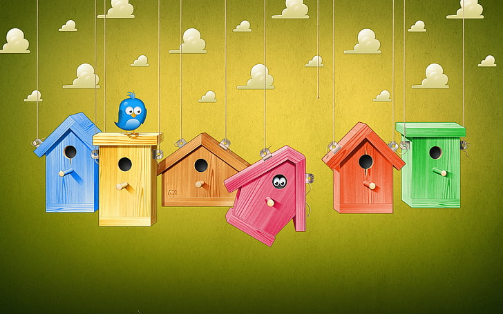 bird house artwork, Sparrow, birdhouse, bird, cloud, HD wallpaper