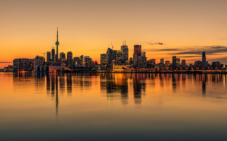 Toronto, Ontario, Canadá paisaje urbano, paisaje urbano, agua, Toronto, Canadá, horizonte, reflejo, puesta de sol, Fondo de pantalla HD