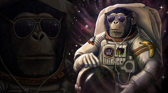 обезьяна с очками обои, трещины, юмор, наушники, костюм, очки, обезьяна, шлем, банан, шимпанзе, HD обои HD wallpaper