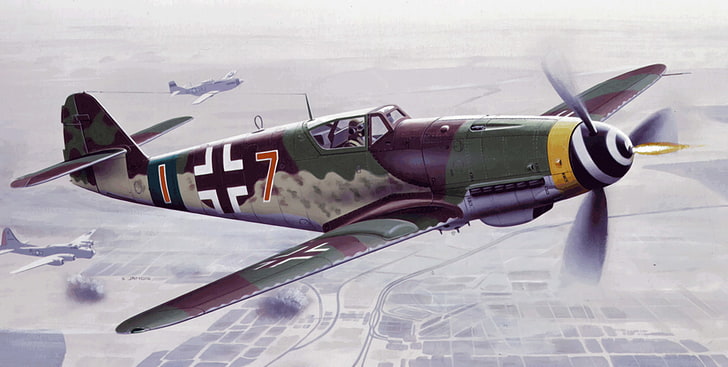緑と黒の単葉機の壁紙、戦争、アート、絵画、航空、ww2、ドイツの戦闘機、Bf 109 K4、 HDデスクトップの壁紙