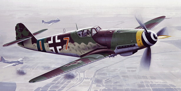 green and black monoplane wallpaper, war, art, painting, aviation, ww2, german fighter, Bf 109 K4, HD wallpaper HD wallpaper