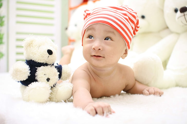 adorable, baby, child, cute, happy, kid, lying, new born, stuffed animal, teddy bear, young, HD wallpaper