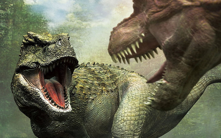 зеленый T-rex, хищники, зубы, пасть, динозавры, бой, HD обои