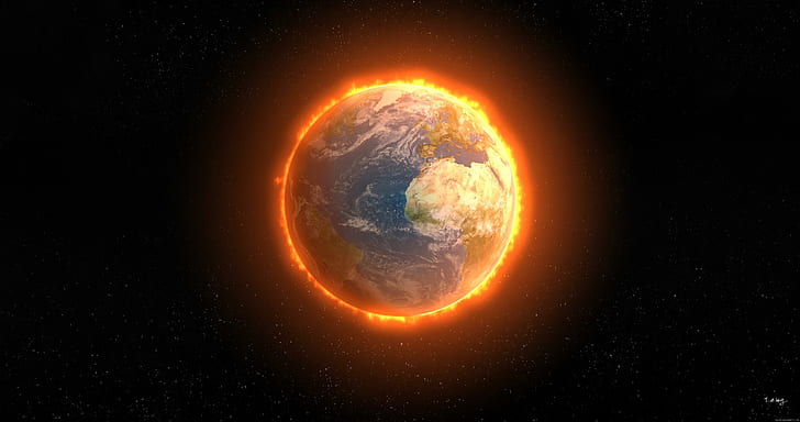 Earth on fire, earth and sun, earth, space, fire, star, graphic, HD wallpaper