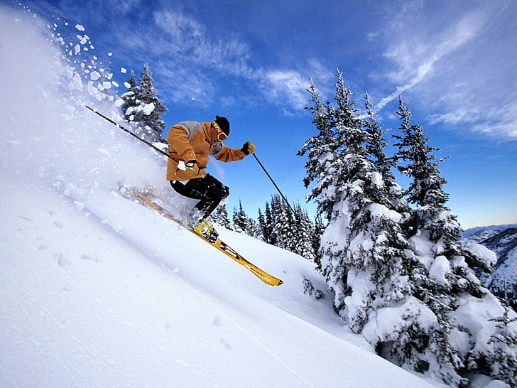 Extreme Skiing, orange and gray puff jacket, Sports, , sports wallpapers, HD wallpaper
