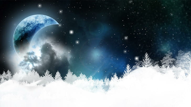 Beautiful Winter Night, firefox persona, stars, mountains, cold, trees, snow, bright blue, winter, moon, night, 3d and abs, HD wallpaper