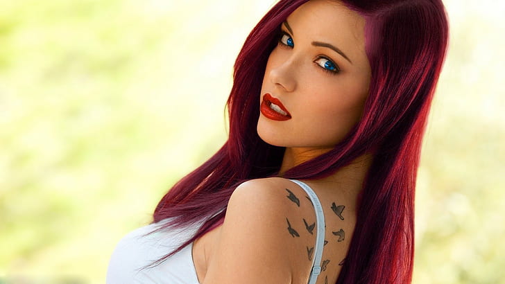 purple hair, Elizabeth Marxs, blue eyes, redhead, tattoo, face, women, white tops, HD wallpaper
