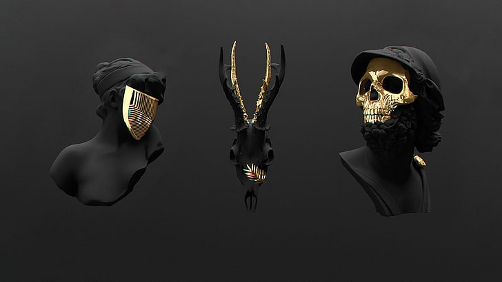 three assorted gold-colored masks, skull, gold, HD wallpaper