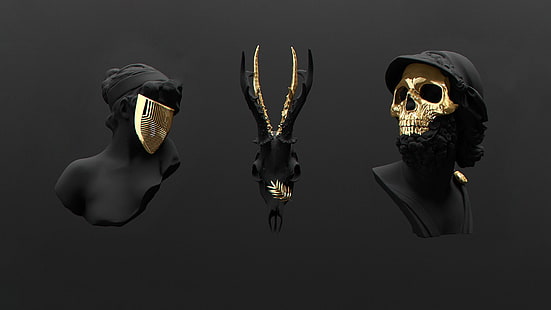 ثلاثة أقنعة متنوعة ذهبية اللون ، جمجمة ، ذهبية، خلفية HD HD wallpaper