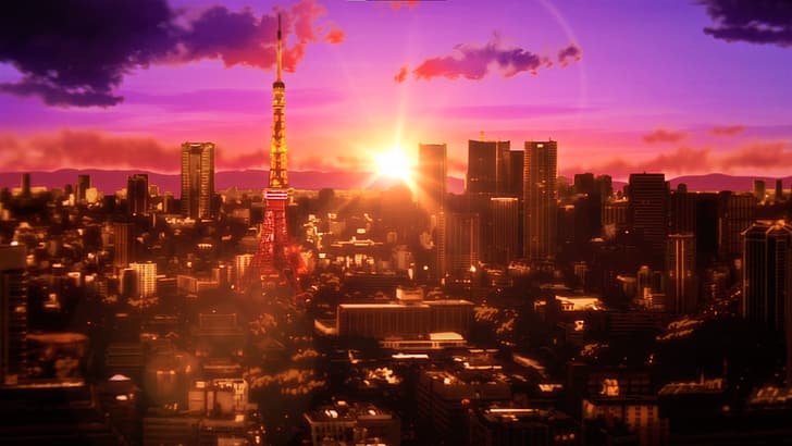 Jujutsu Kaisen, город, городской пейзаж, Токио, Япония, закат, облака, здания, небо, аниме, Скриншот аниме, HD обои