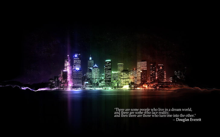 New York skyline på natten, citat, stadsbild, digital konst, typografi, text, mörker, ljus, HD tapet
