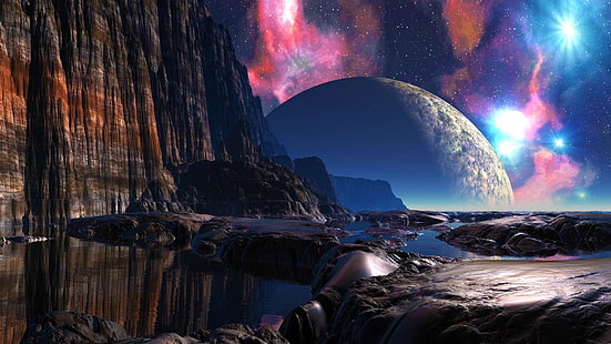 Weltraumkunst, fremder Planet, Oberfläche, Weltraum, Himmel, Fantasielandschaft, Universum, Weltraum, Sterne, Nacht, Landschaft, HD-Hintergrundbild HD wallpaper
