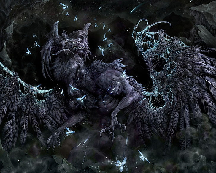 fond d'écran de créature mythique ailée violet, lucioles, ailes, griffes, monstre, Fond d'écran HD
