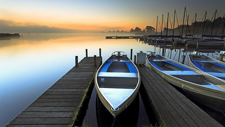 boat sunrise-Nature HD Wallpaper, brown canoe, HD wallpaper