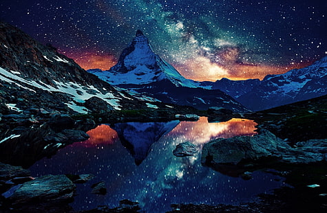 Маттерхорн Швейцария, заснеженные горы, Европа, Швейцария, аэро, космос, Маттерхорн, гора, удивительно, full hd, HD обои HD wallpaper