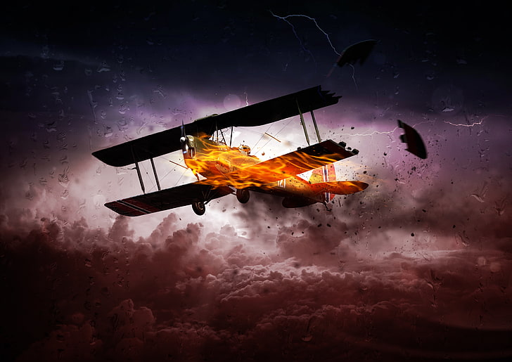 프로펠러 비행기, 항공기, 화재, 폭풍, 구름, 4K, 8K, HD 배경 화면