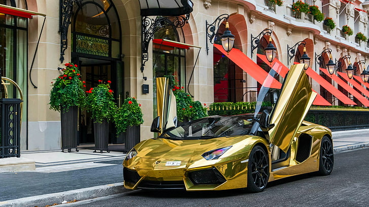 car, gold, vehicle, golden, supercar, lamborghini aventador, lamborghini, luxury vehicle, street, HD wallpaper
