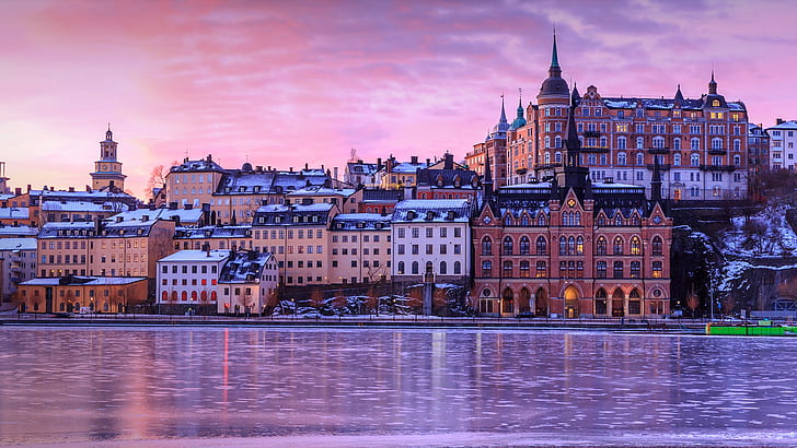 landscape, sunset, clouds, building, hotel, river, frozen lake, town, winter, Stockholm, Sweden, HD wallpaper