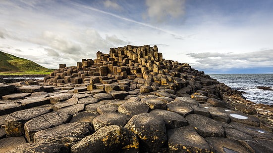 chaussée en béton marron, paysage, Irlande, chaussée des géants, formation rocheuse, nature, rocher, côte, mer, nuages, Fond d'écran HD HD wallpaper