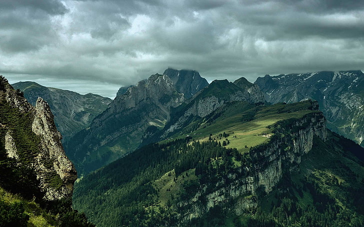 зеленый, черный и серый горный хребет, пейзажная фотография зеленых гор, гор, природы, ландшафта, водопада, облаков, Швейцарии, Эбенальпа, горного перевала, неба, Европы, зеленого, HD обои
