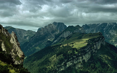 เทือกเขาสีเขียวสีดำและสีเทาภาพทิวทัศน์ของภูเขาสีเขียวภูเขาธรรมชาติภูมิประเทศน้ำตกเมฆสวิตเซอร์แลนด์ Ebenalp ผ่านภูเขาท้องฟ้ายุโรปสีเขียว, วอลล์เปเปอร์ HD HD wallpaper