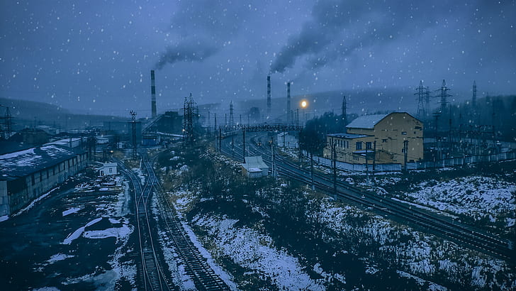 Industrie, Schnee, Winter, Umwelt, Himmel, Fabriken, Eisenbahn, Schmutz, Gebäude, Fabrikrohre, Rauch, schneit, digitale Kunst, blau, HD-Hintergrundbild