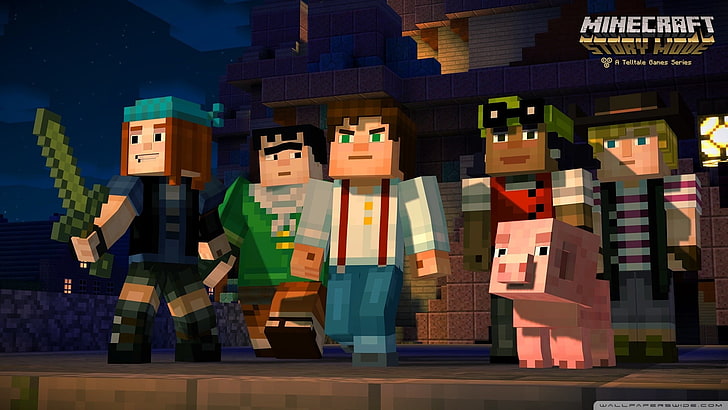 Zrzut ekranu z gry Minecraft Story Mode, ilustracja pięciu postaci z gry Minecraft, Minecraft, Tapety HD