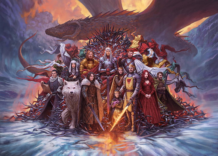 Dragon, Wolf, Fantasy, Ghost, A song of Ice and Fire, Game of Thrones, Jon Snow, Fan Art, Targaryen, Characters, The direwolf, Melisandre, GOT, Stannis Baratheon, Aegon, Aegon Targaryen, Melissandre, The Kings Who Cared, Shireen Baratheon, Ondřej Hero, Asoiaf, Stannis, Shireen, by Ondřej Hrdina, HD wallpaper