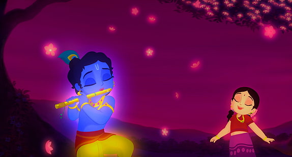 Господь Кришна играет на флейте с иллюстрацией Радха, Кришны и Радхи, Бог, Господь Кришна, играет на флейте, Радха, HD обои HD wallpaper