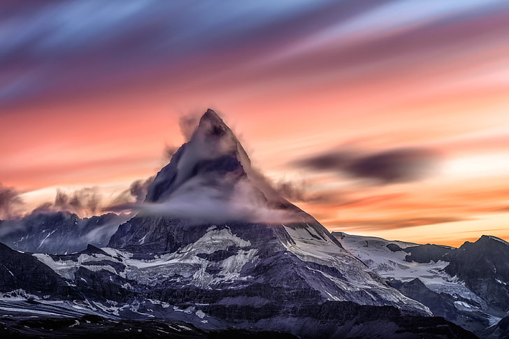 ภูเขาสีเทาและสีขาว, ธรรมชาติ, หิมะ, ภูเขา, การเปิดรับแสงเป็นเวลานาน, พระอาทิตย์ตก, เมฆ, Matterhorn, สวิตเซอร์แลนด์, เทือกเขาสวิสแอลป์, ภูมิทัศน์, ยอด, สีม่วง, วอลล์เปเปอร์ HD