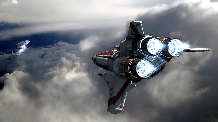 Battlestar Galactica, облаци, Сайлони, дигитално изкуство, Футуристика, научна фантастика, небе, космически кораб, HD тапет