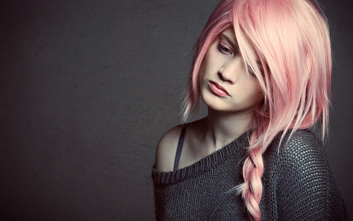 wanita, model, rambut merah muda, mata merah muda, sedih, Wallpaper HD