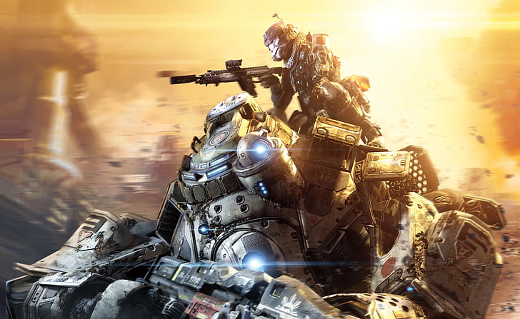 Titanfall Titans 2014 video game, male with rifle riding robot HD wallpaper, Games, Other Games, video game, concept art, 2014, Titanfall, Titans, HD wallpaper
