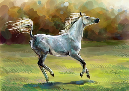 biały koń w środku trawiastego równiny malarstwo, koń, olej, sztuka, akwarela, ołówek, malarstwo, gwasz, tapeta., malarstwo malarstwo, słońce pola przyrody, szare jabłka, Tapety HD HD wallpaper
