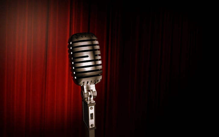 Microphone close-up, grey vintage microphone, music, 1920x1200, microphone, courtain, HD wallpaper