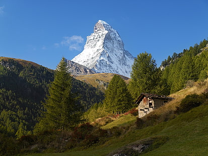 brązowo-biały betonowy dom, Matterhorn, Alpy, góry, przyroda, krajobraz, drzewa, Tapety HD HD wallpaper