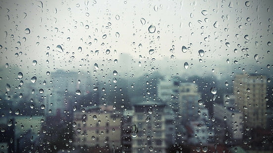 Deszcz, okno, szkło, budynki, krople, Tapety HD HD wallpaper