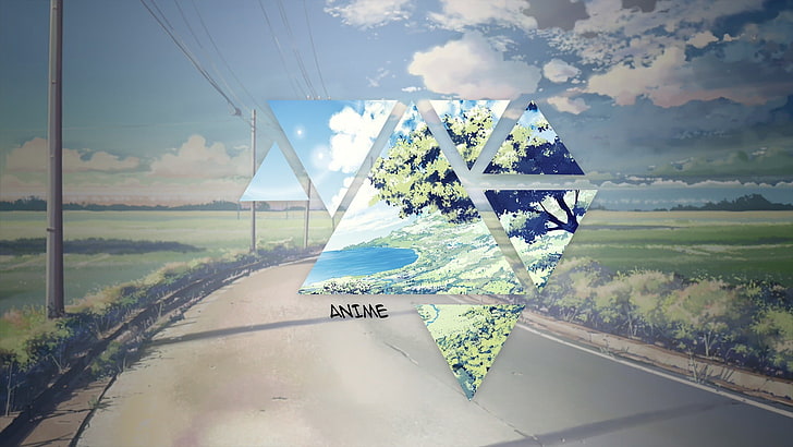 weißes und blaues Blumendruckgewebe, Landschaft, Zusammenfassung, Landstraße, Fotomanipulation, Bäume, Berge, Dreieck, HD-Hintergrundbild