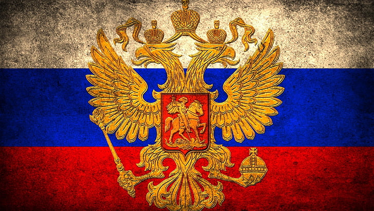 braune, blaue und rote Fahne, Flagge, Wappen, Russland, Der zweiköpfige Adler, HD-Hintergrundbild