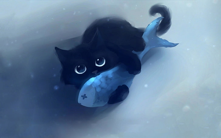 черна котка, която държи риба тапет, котка, риба, карикатура, Apofiss, произведения на изкуството, животни, проста, HD тапет
