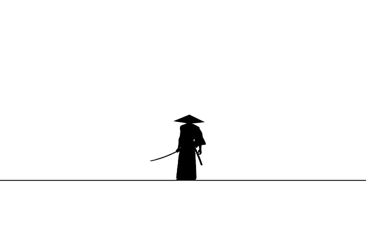 человек, держащий меч, иллюстрация, самурай, минимализм, силуэт, простой фон, катана, самурайский джек, HD обои