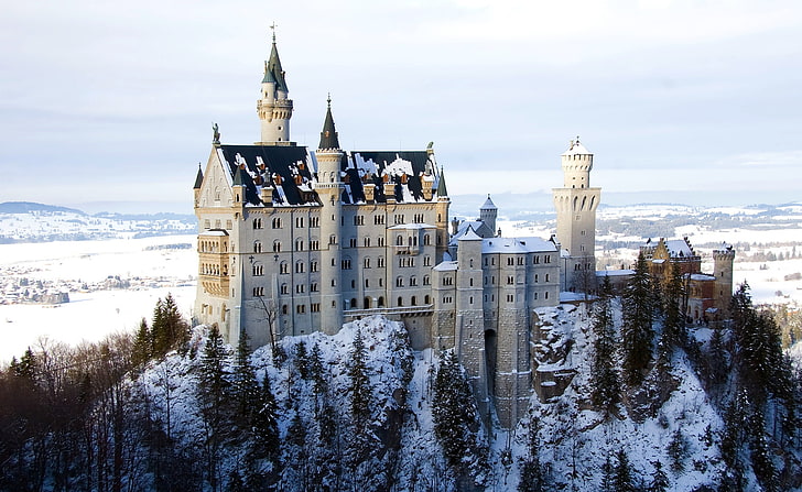 Zamek Neuschwanstein w Niemczech, Zima, zamek z brązowego betonu, Europa, Niemcy, Zima, Zamek, Neuschwanstein, Tapety HD