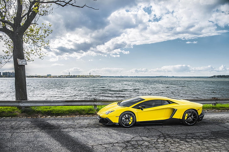 Sea, Road, Lamborghini, Supercar, Yellow, Aventador, LP720-4, 50 Anniversario Edition, HD wallpaper