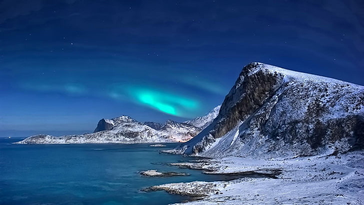 Арктика, зима, нощни светлини, небе, нощ, нощно небе, северни светлини, лед, пейзаж, Нунатак, Норвегия, планина, сняг, океан, Арктически океан, Северно сияние, Лофотен, феномен, Северно сияние, HD тапет