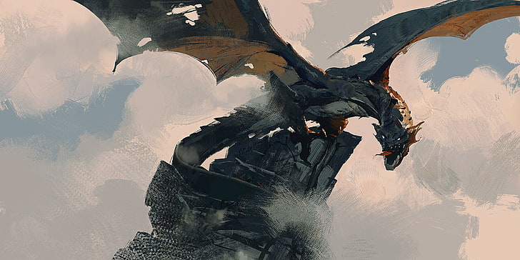 dragon, clouds, mountains, fantasy art, Wyvern, HD wallpaper